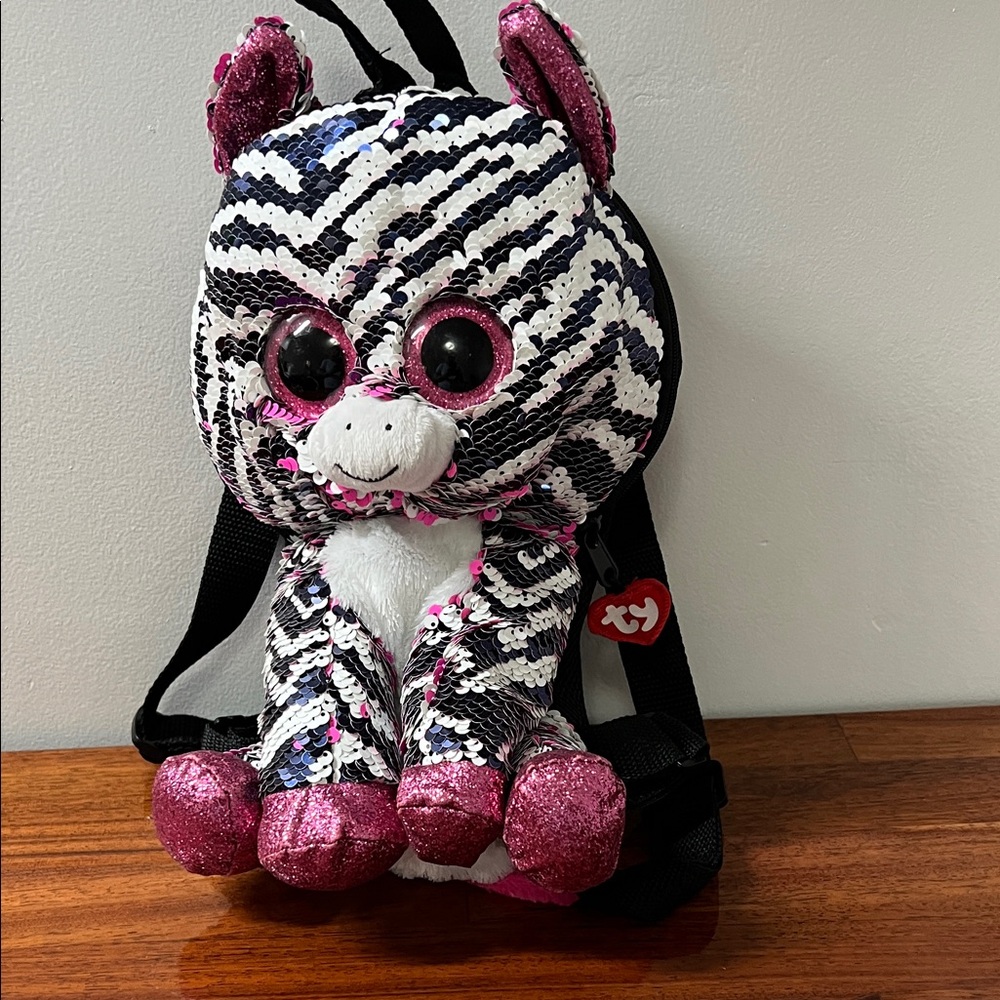 Ty Sequin Zebra Plush Backpack with Pink and Black